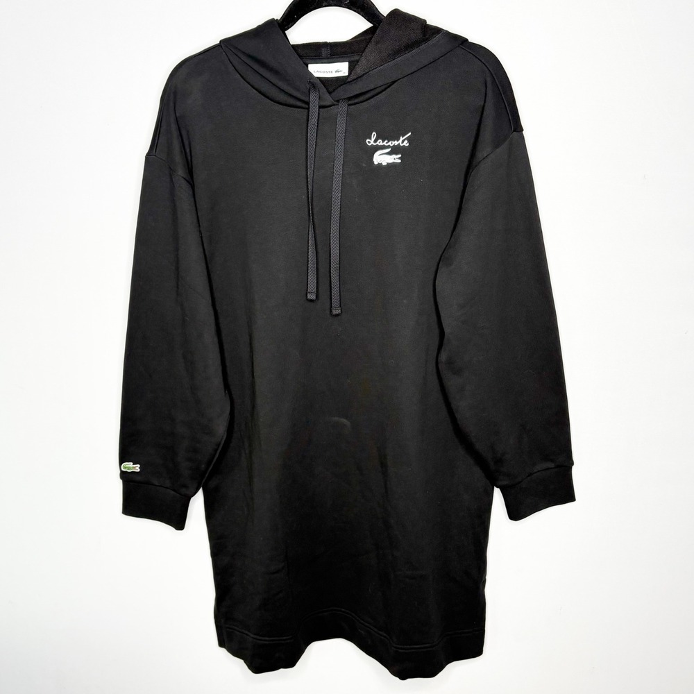 Lacoste Black Oversized Longline Hoodie Dress Script Logo Womens Size 36/4
